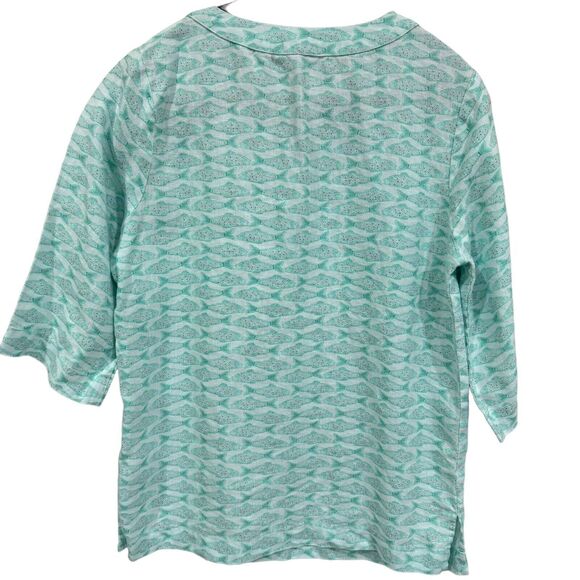 Vineyard Vines 100% Linen Girl's L Top Aqua Blue Fish Pattern 3/4 Sleeve - Picture 2 of 11